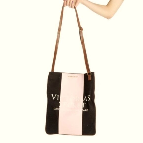 VICTORIAS SECRET Pink Black tan Shoulder Cross Strap Tote Bag NWT $78 Women New - Picture 1 of 16